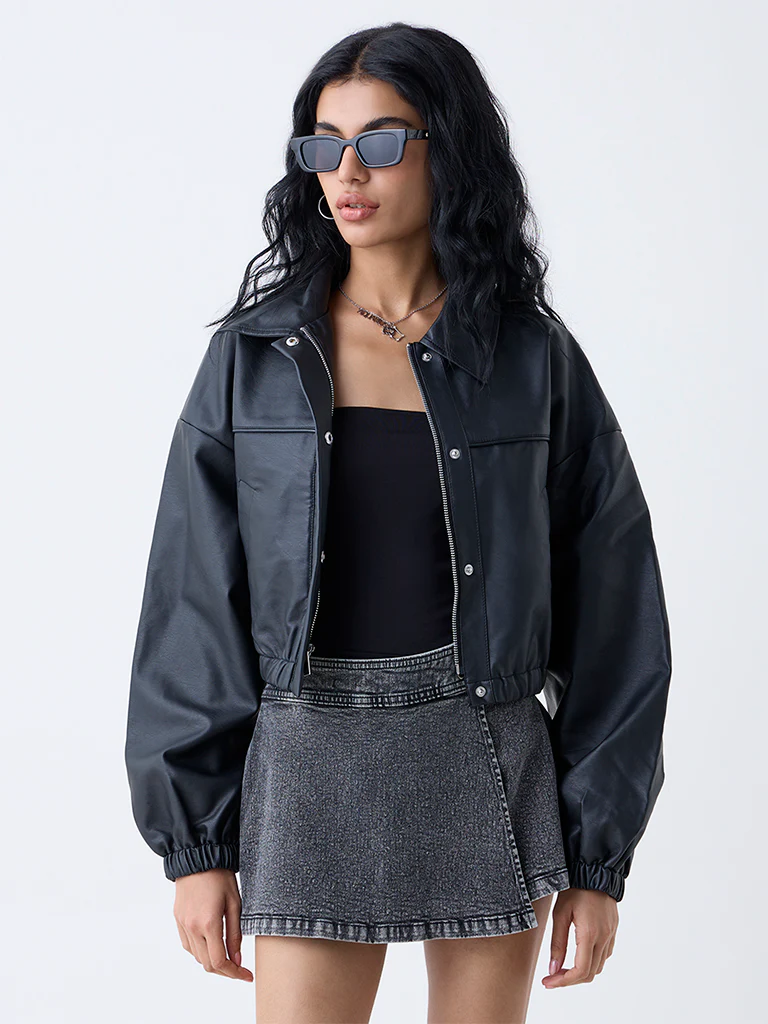 Nuon Black Solid Faux Leather Jacket
