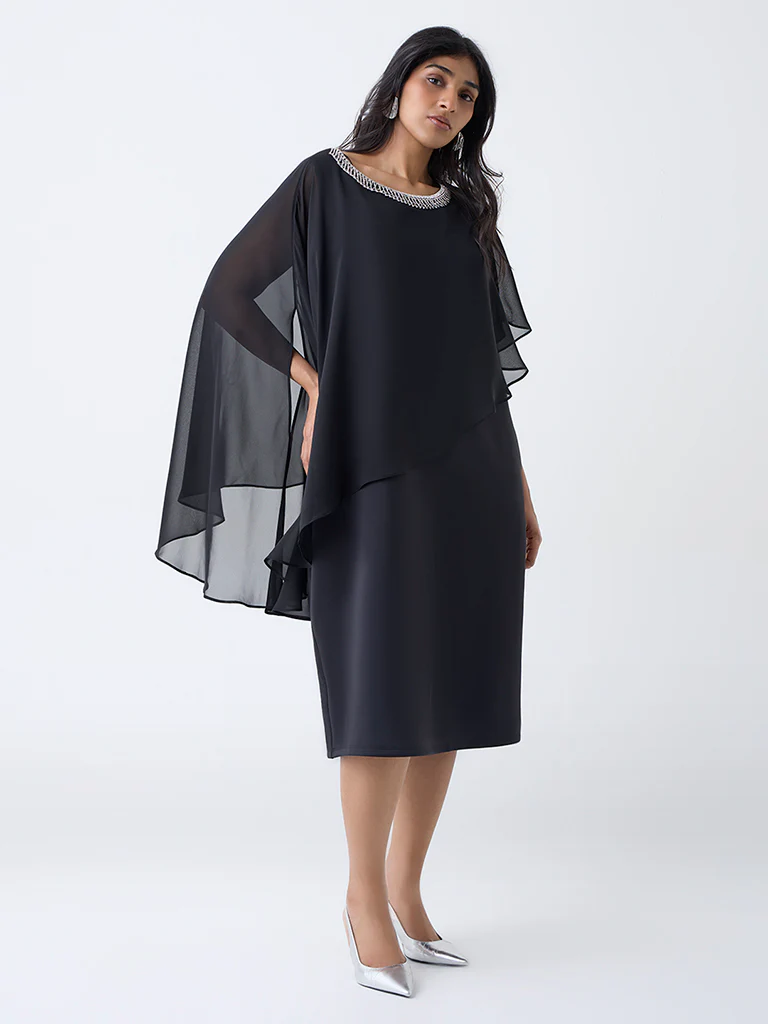 Gia Black Mesh Overlay A-Line Dress
